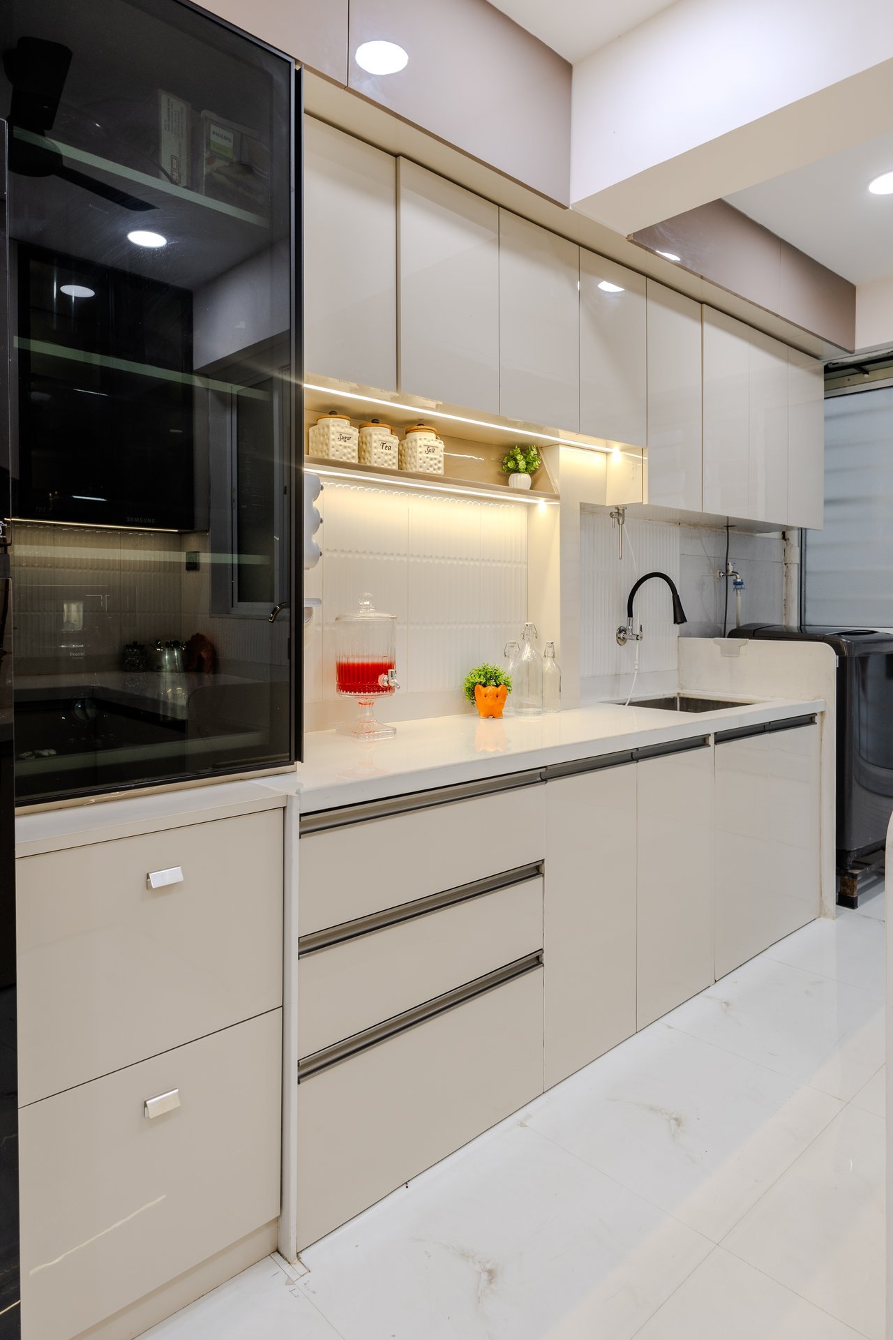 Modular kitchen storage and open LED shelf by Design DNA